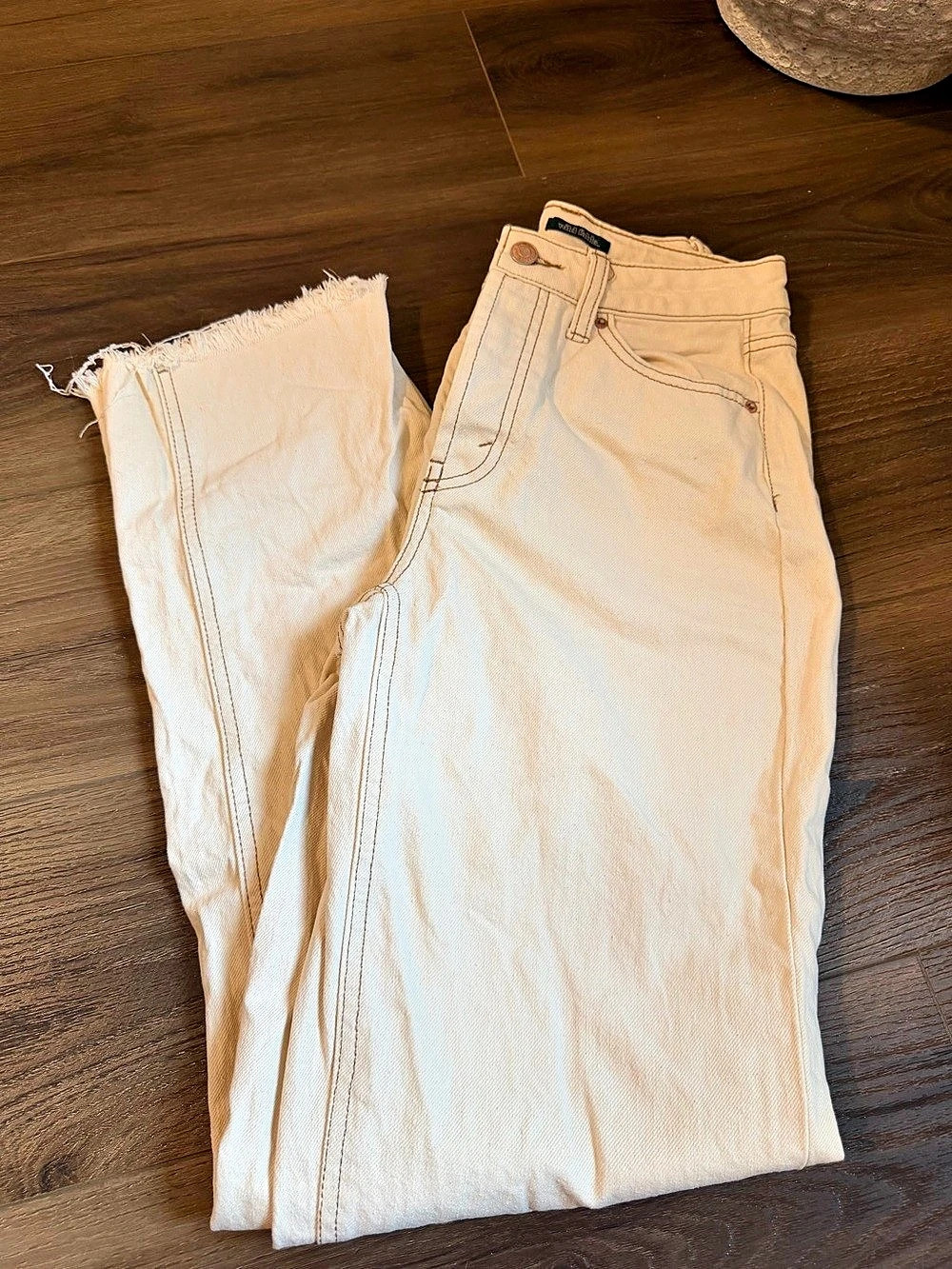 Wild Fable Cream High Rise Straight Leg Jeans with Raw Hem